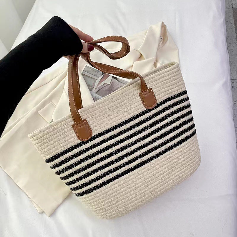Elegant Tote Bag Made of Woven Bast Material with Robust Leather Accents Kalsten