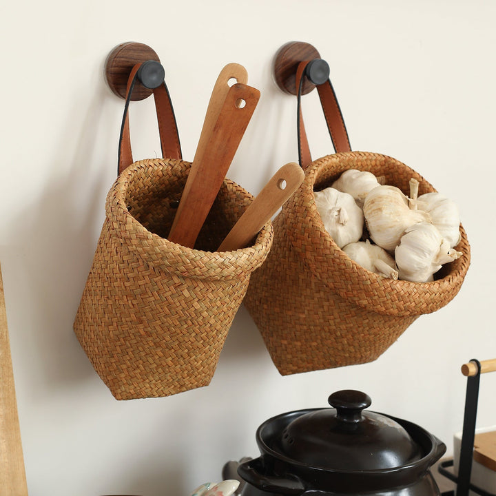 Handwoven Natural Storage Bin with Leather Trim Kalsten