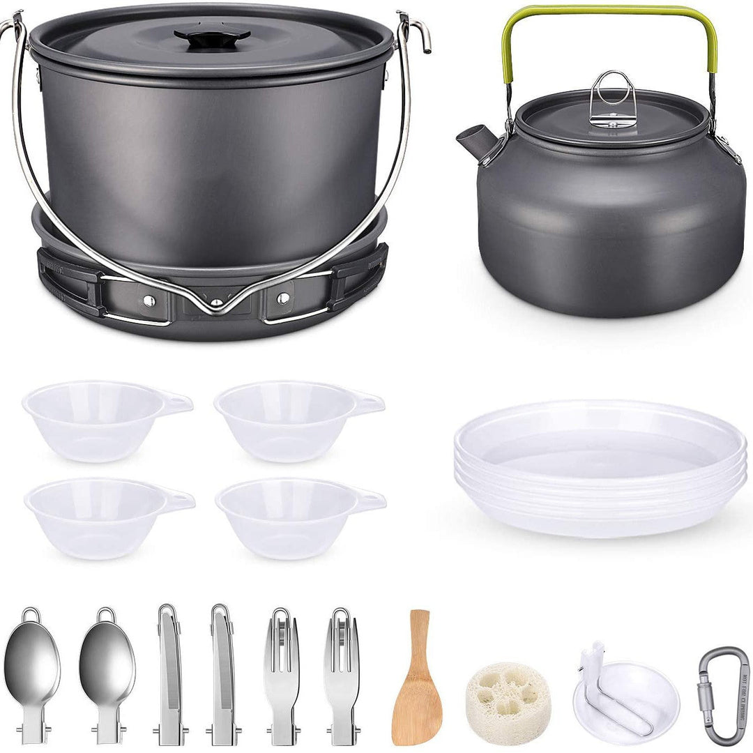 ultralight anodized aluminum camping cookware set with folding-handle kettle nesting pot and compact utensil kit Kalsten