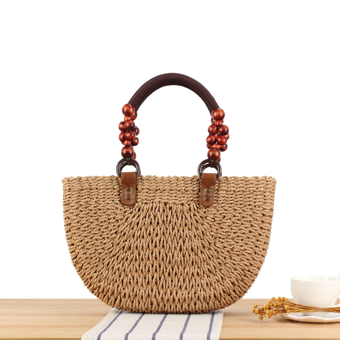 Handbag with Decorative Wooden Beads and Natural Wicker Kalsten