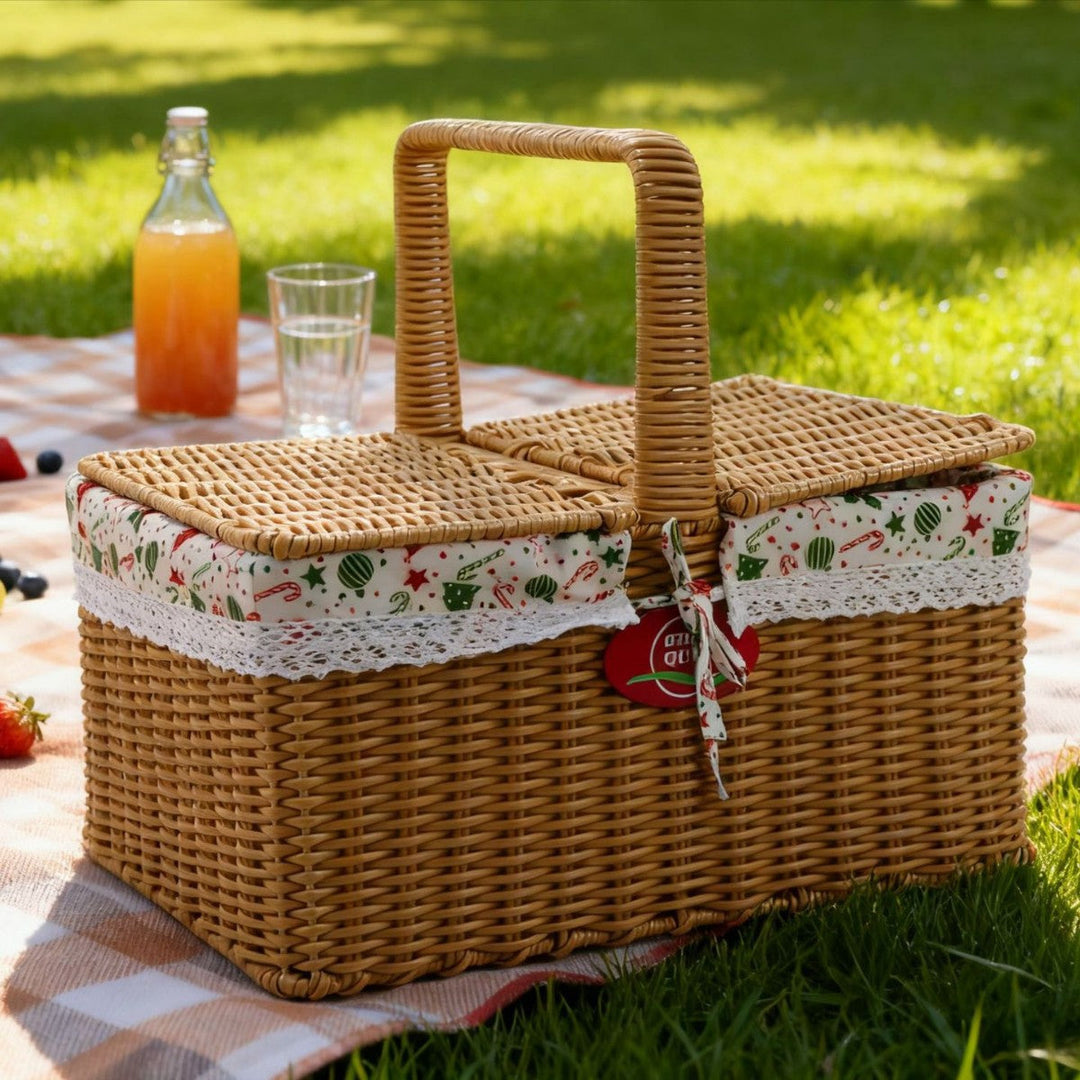 Ladies picnic basket with double compartment and decorative fabric trim Kalsten