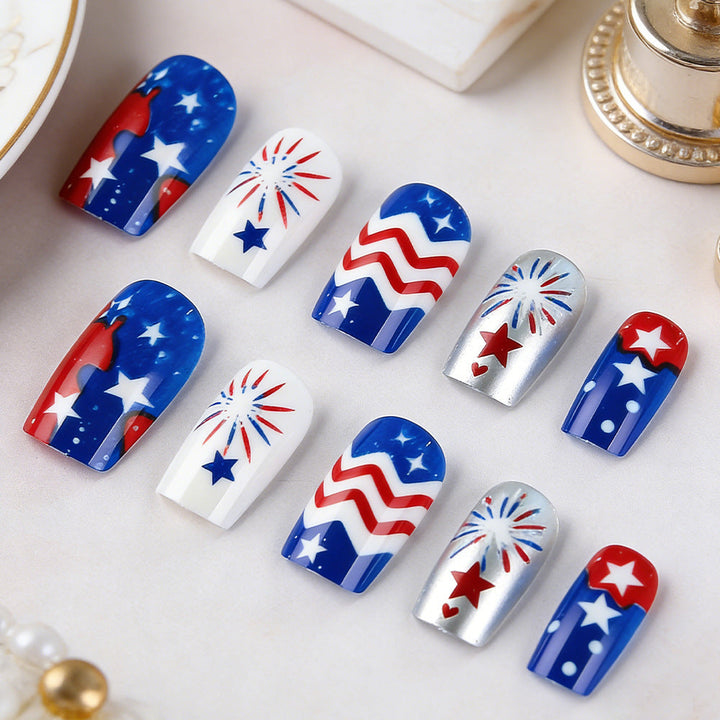 Women's nan patriotic acrylic press on nails set with coffin shape and firework star decals Kalsten