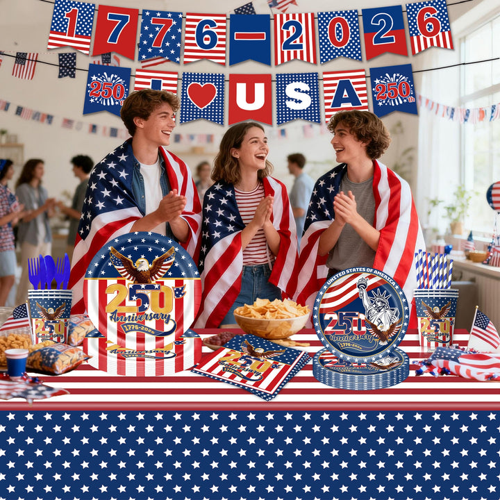 Unisex nan Patriotic Anniversary Disposable Tableware Party Kit with Stars Stripes Plates Cups Napkins Cutlery Banner Kalsten