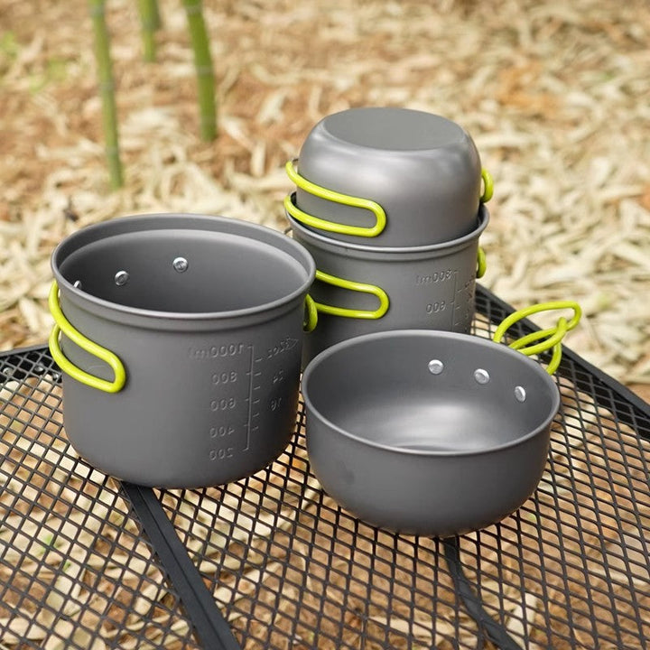 lightweight nesting anodized camping cookware set with folding silicone handles and measurement marks Kalsten