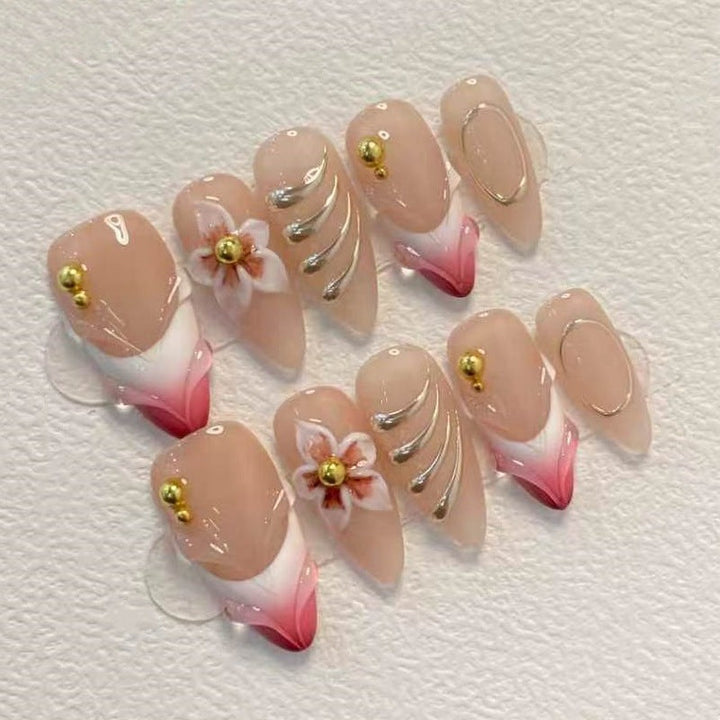 Elegant Floral and Gold Accent Press-On Nail Set Kalsten