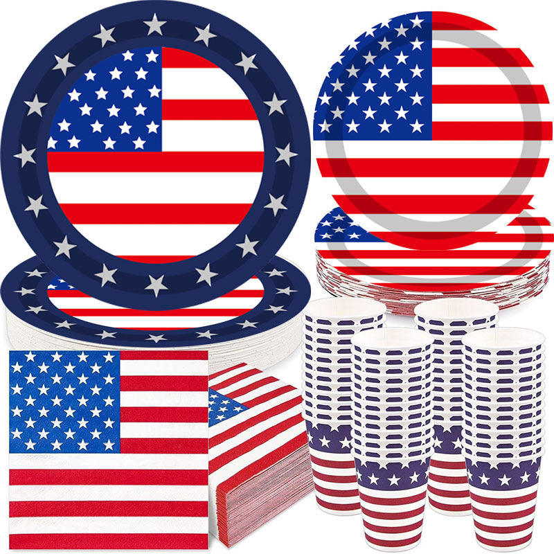 Unisex nan patriotic disposable tableware set with star border paper plates cups napkins Kalsten