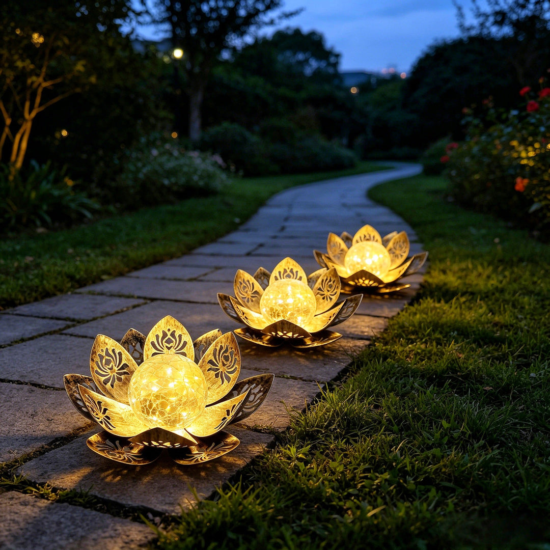 Decorative Solar Lotus LED Garden Lantern With Crackle Glass Globe And Laser-Cut Metal Petals Kalsten
