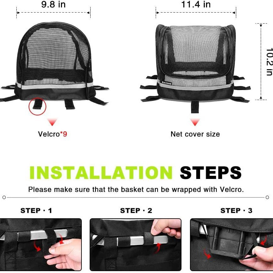 front-mount bicycle pet carrier basket with mesh canopy, reflective trim and adjustable straps Kalsten