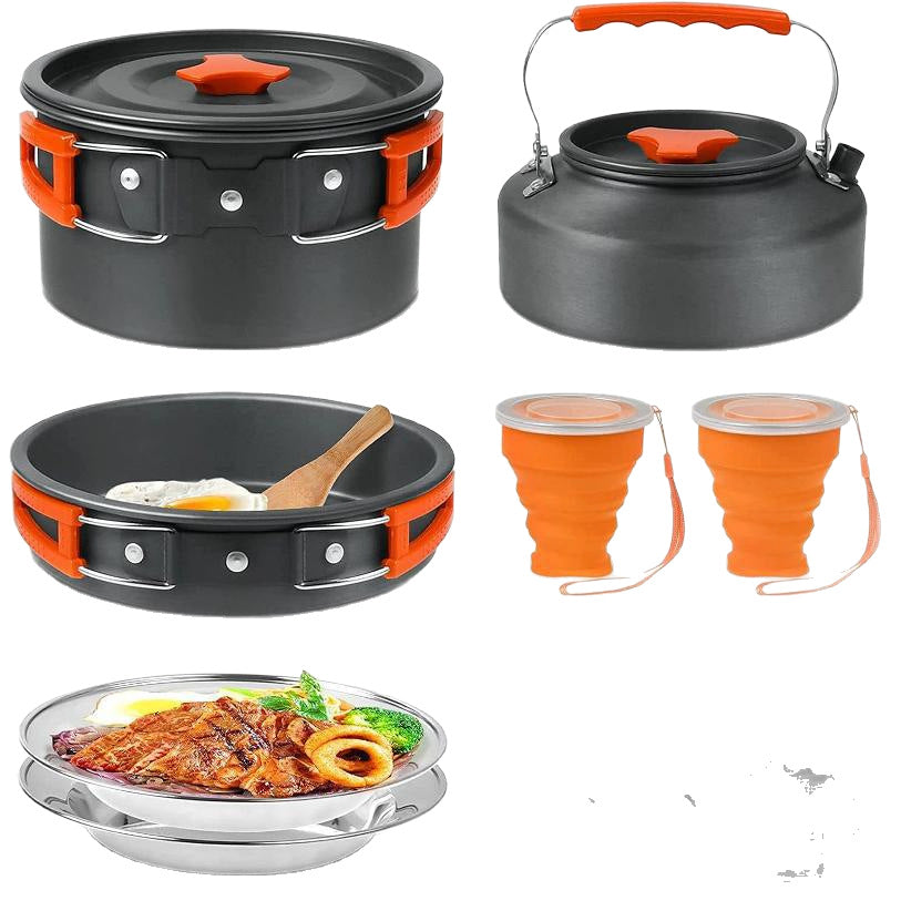 lightweight nonstick anodized aluminum camping cookware set with folding-handle pot and kettle, collapsible silicone cups, stainless plates and cutlery Kalsten
