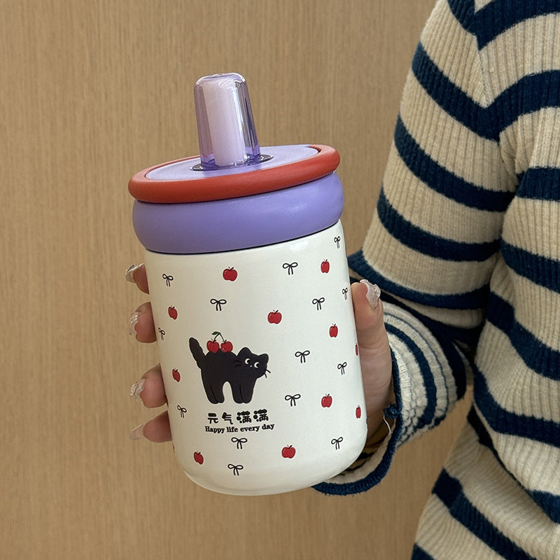 Women's Insulated Drinking Cup with Secure Flip Lid and Cute Cat Design Kalsten