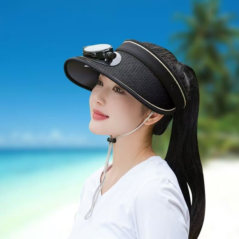 Adjustable sunshade for with removable solar fan and breathable straw effect Kalsten