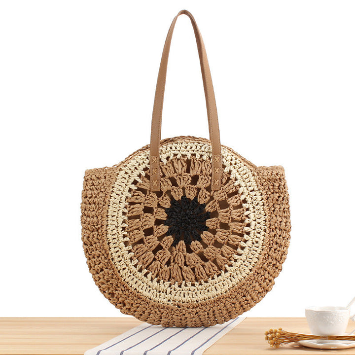 Round Bast Tote Bag with Handwoven Design Kalsten