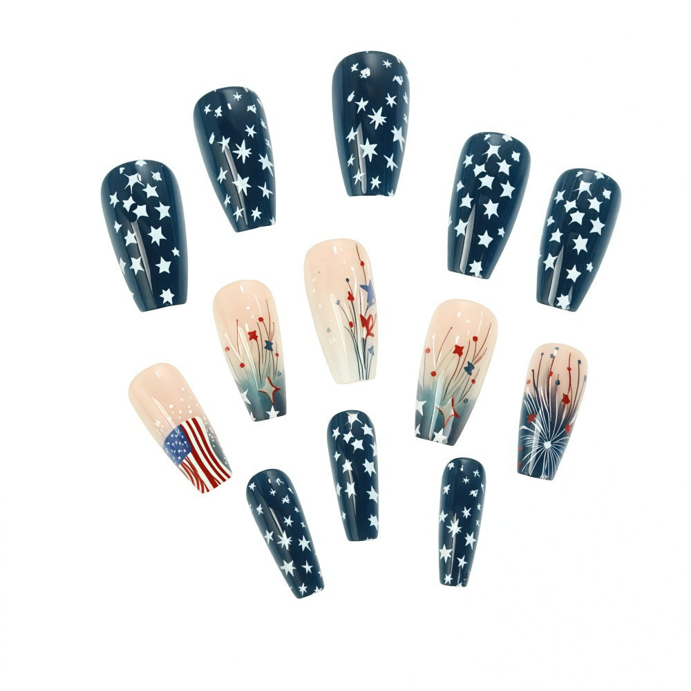 Women's nan long coffin press-on nails patriotic flag starburst full cover reusable Kalsten