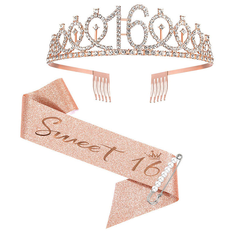 Women Crystal-Embellished Birthday Crown with Personalized Sash Kalsten