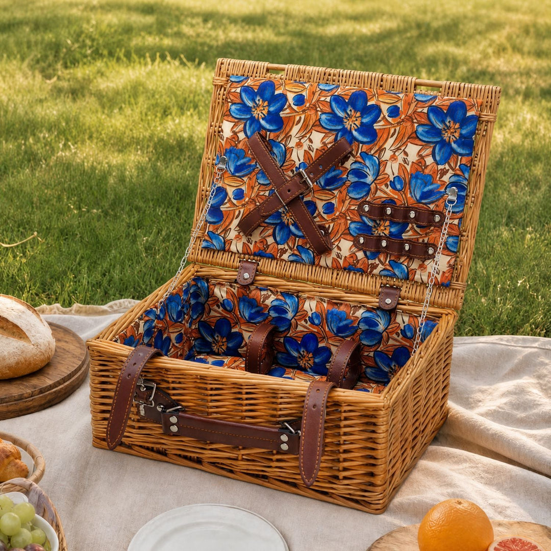Ladies Luxury Picnic Basket with Offset Dish Compartment and Floral Lining Kalsten