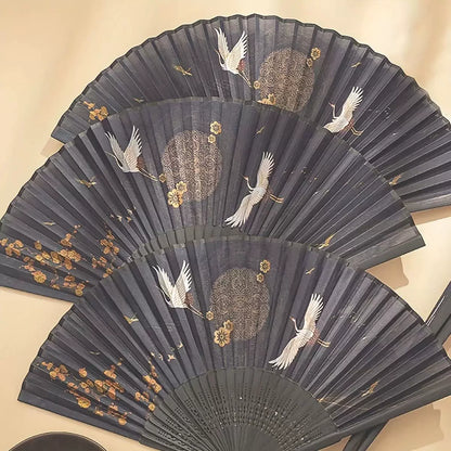 Women One Size hand-painted crane and plum blossom fan with carved wood ribs and silk tassel Bowlift