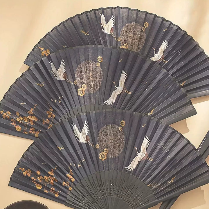 Ladies One Size hand-painted crane and plum blossom fan with carved wood ribs and silk tassel Kalsten