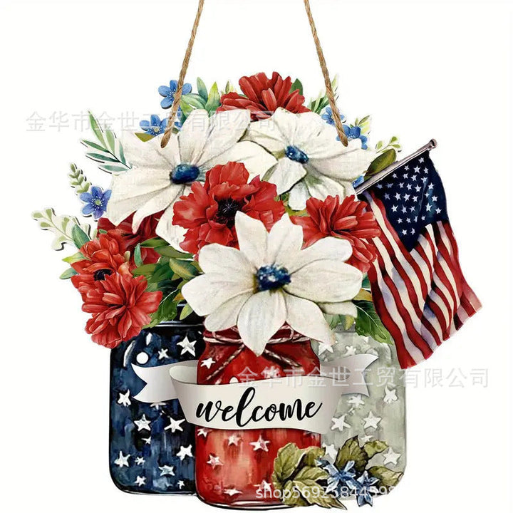 Independence Day rustic round wooden patriotic cross wall plaque with floral accents and God Bless America banner Kalsten