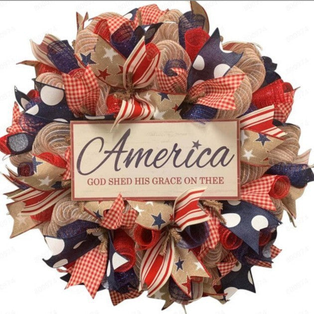 Unisex nan handcrafted Americana medallion wreath with layered deco mesh ribbons star motif bows and rustic sign Kalsten