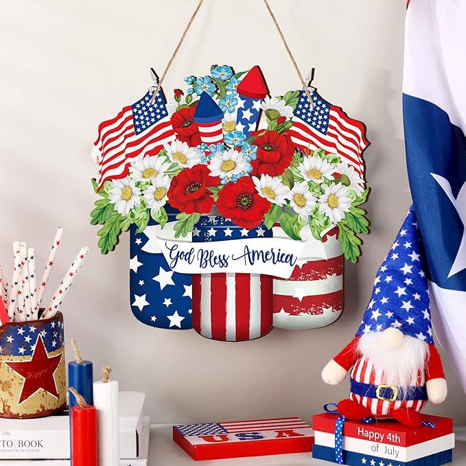 Unisex nan patriotic layered wooden door hanger with American flag buckets and floral bouquet Kalsten
