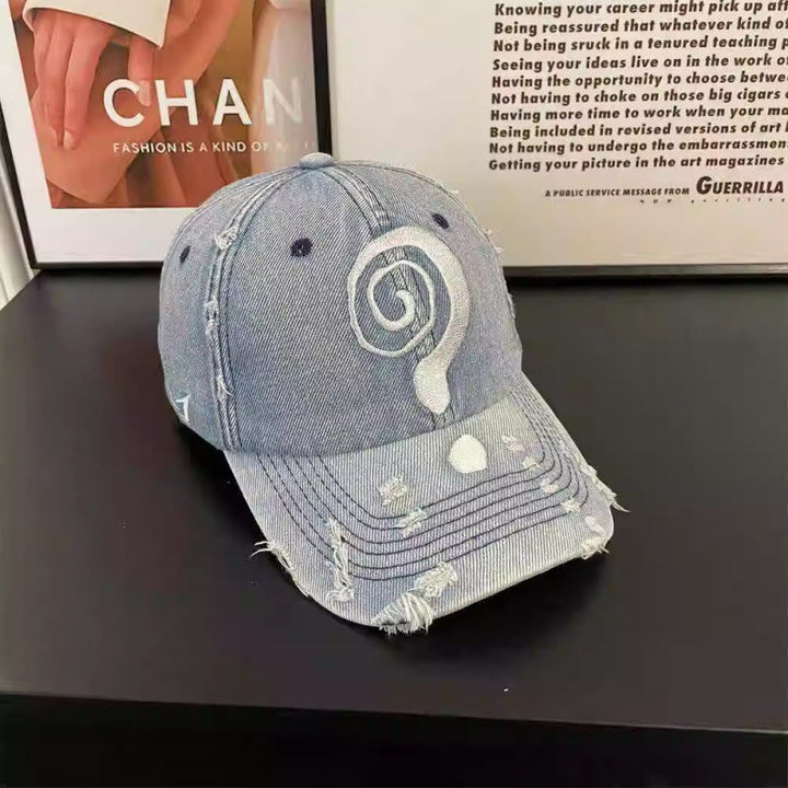 Women's Distressed Denim Baseball Cap with Graphic Design Kalsten