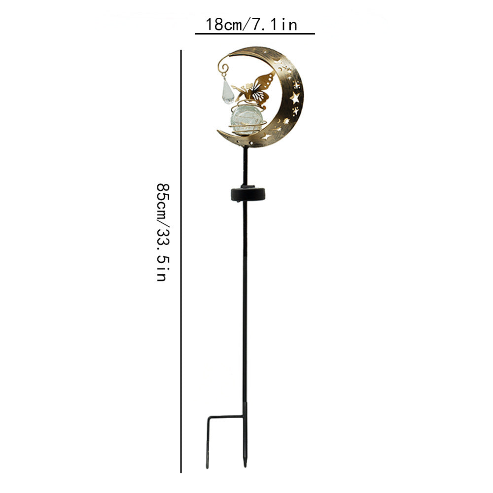 Crescent Moon Solar Garden Stake Light With Rotating Crackle Glass Orb And Butterfly Accent Kalsten