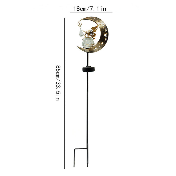 Decorative Crescent Moon Solar Garden Stake Lamp With Hanging Crystal Orb And Butterfly Kalsten