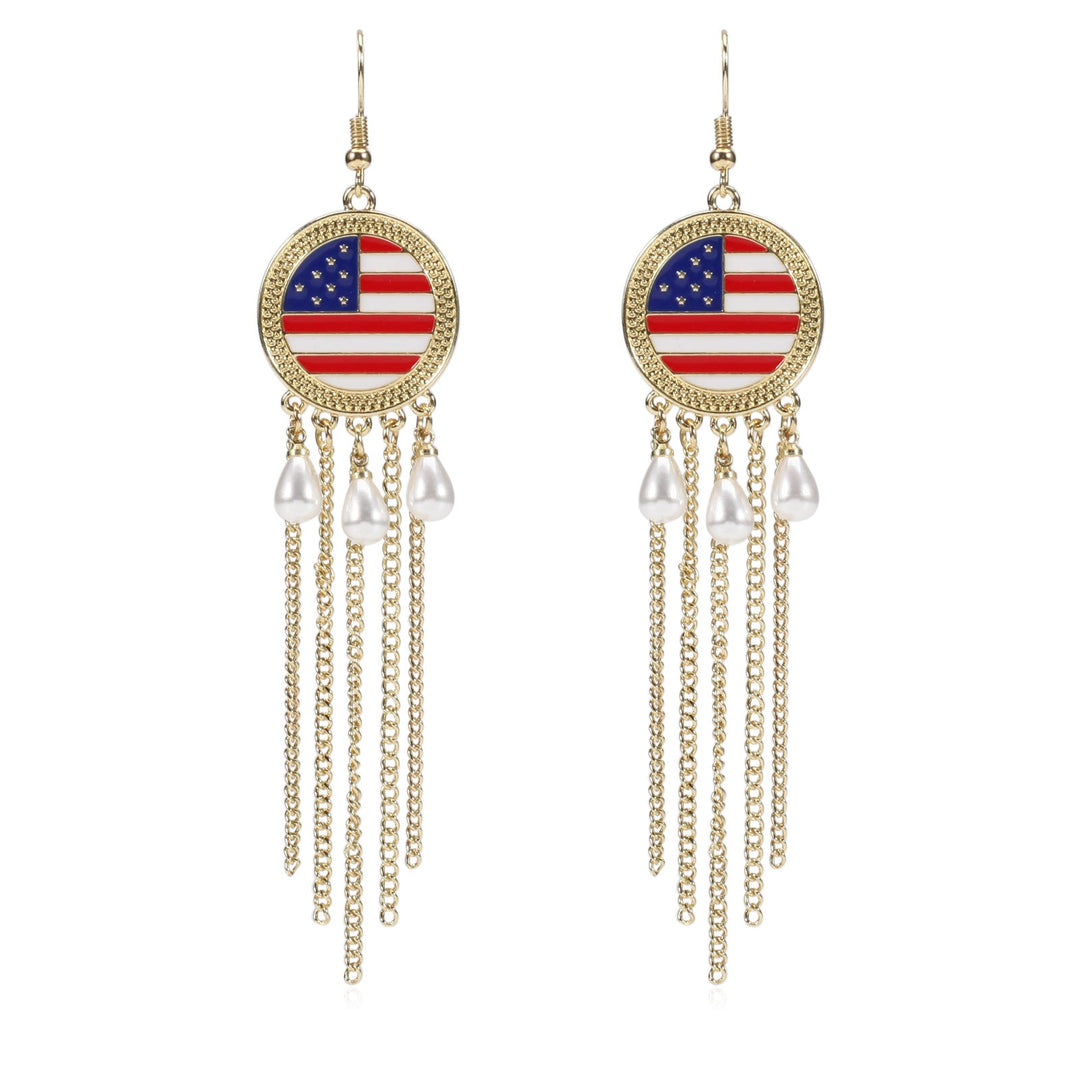 Women's nan long beaded fringe dangle earrings with enamel flag medallion and crystal drops Kalsten