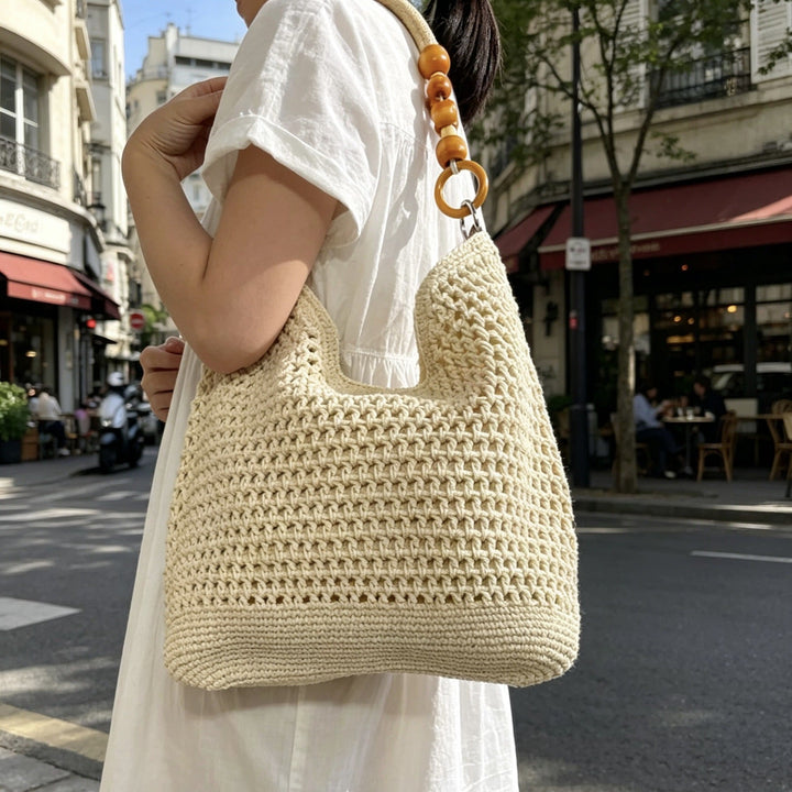 Hand-knotted tote bag with decorative wooden handle Kalsten