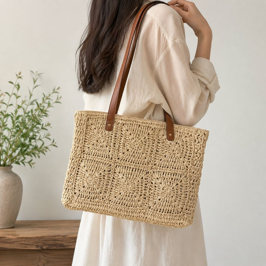 Handbag Made of Natural Rattan with Elegant Leather Handles Kalsten