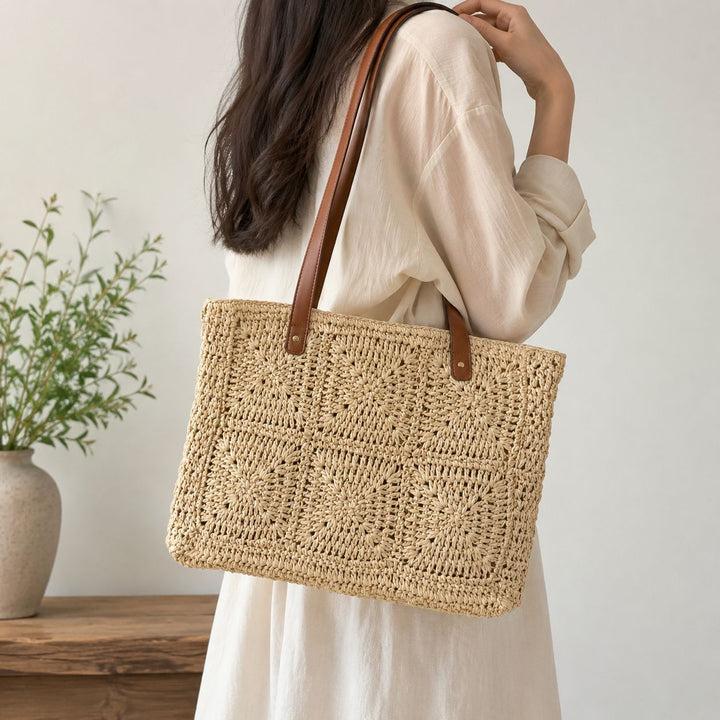 Handbag Made of Natural Rattan with Elegant Leather Handles Kalsten