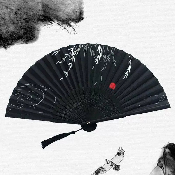 Women One Size Handmade Bamboo Pleated Fan with Hand-Painted Calligraphic Willow Pattern and Decorative Tassels