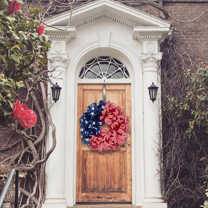 Unisex nan Americana star and stripe mesh front door wreath with full-bodied deco ribbon and over the door hanger Kalsten