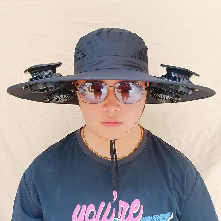 Wide-brimmed sun hat with detachable swivel solar fans and adjustable chin strap Kalsten