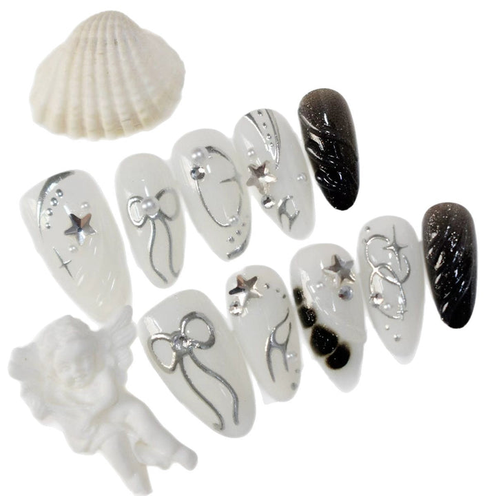 Creative Press-On Nail Art Set with Elegant Silver Accents Kalsten