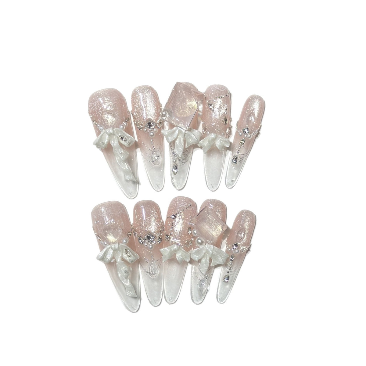 Elegant Press-On Acrylic Nail Set with Decorative Bow and Glitter Accents Acalora