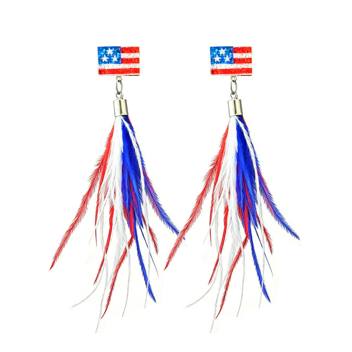 Ladies long feather earrings with tassels, round cabochon stud and nickel-free setting Kalsten