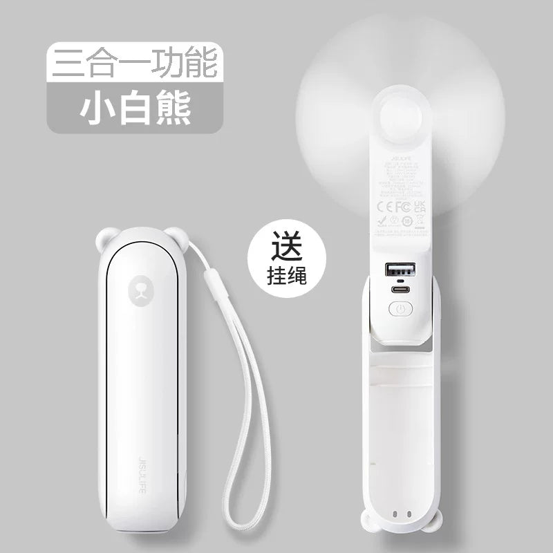 Unisex One Size Foldable Rechargeable Triple Handheld Mini Fan with Integrated Power Bank USB-C and USB-A Ports and Wrist Strap Kalsten
