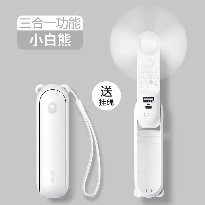 Unisex One Size Foldable Rechargeable Triple Handheld Mini Fan with Integrated Power Bank USB-C and USB-A Ports and Wrist Strap Kalsten