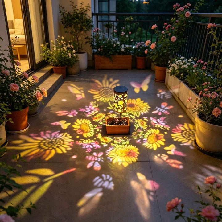 Solar Projection Lantern With Sunflower Floral Metal Cylinder And Hanging Handle Kalsten