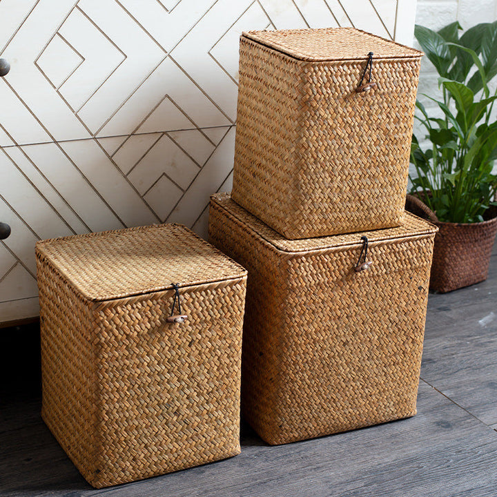 Unisex Rectangular Storage Basket with Lid made of Natural Material Kalsten
