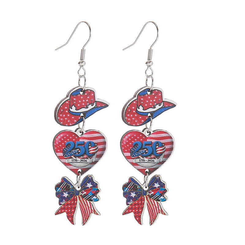 Women's nan patriotic triple-charm dangly novelty earrings with cowboy hat heart bow Kalsten
