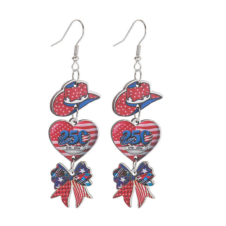 Women's nan patriotic triple-charm dangly novelty earrings with cowboy hat heart bow Kalsten