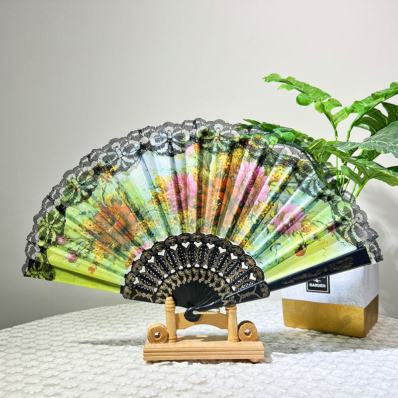Ladies Elegant Hand Fan with Floral Design and Lace Edges Kalsten
