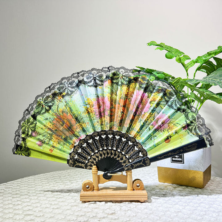 Ladies Elegant Hand Fan with Floral Design and Lace Edges Kalsten