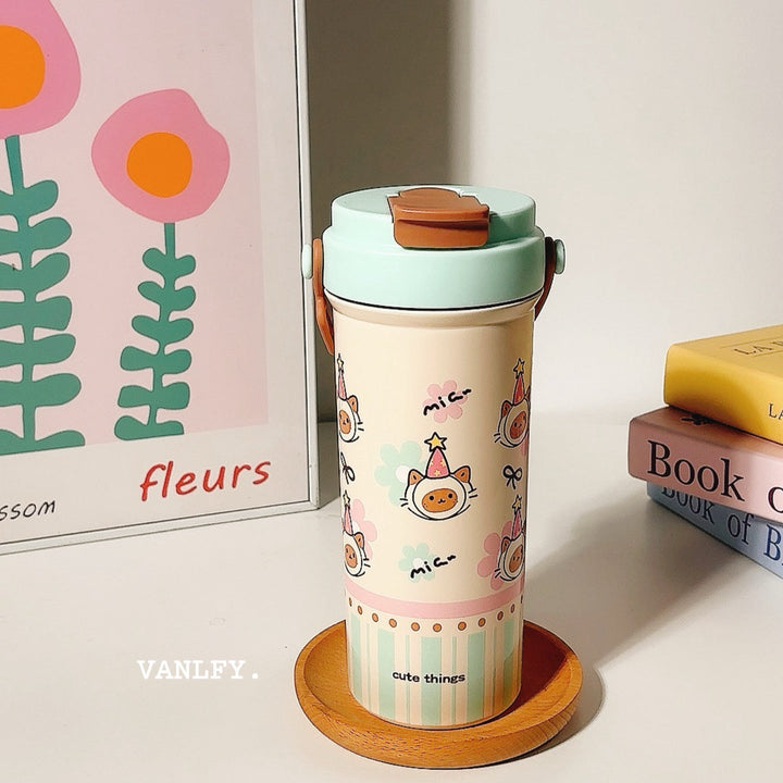 Women's insulated drinking cup with secure flip lid and cute dog design Kalsten