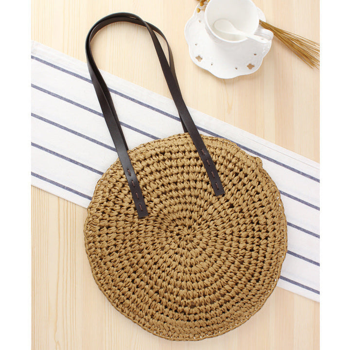 Round Bast Tote Bag with Leather-Embellished Handles Kalsten