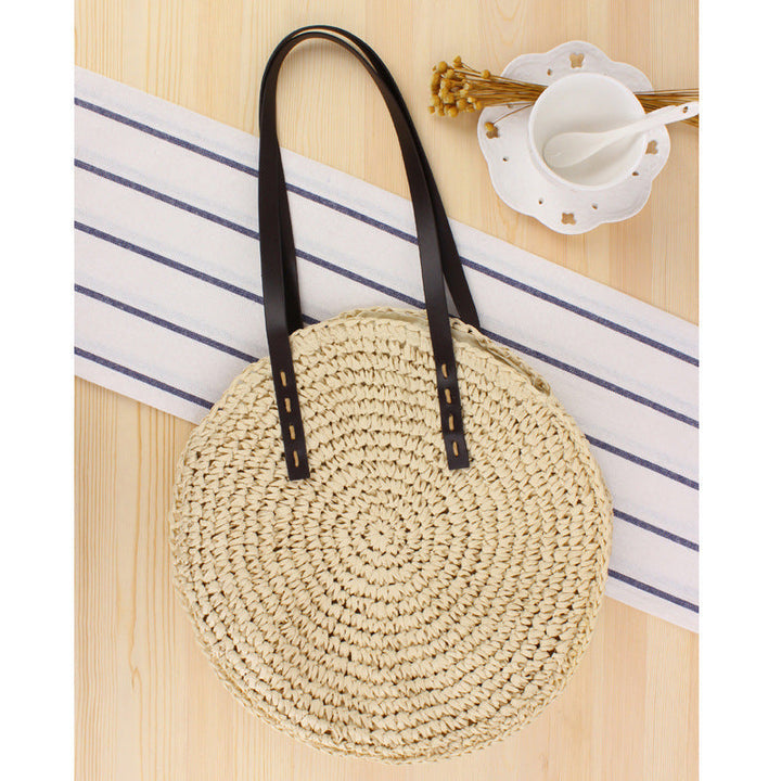 Round Bast Tote Bag with Leather-Embellished Handles Kalsten