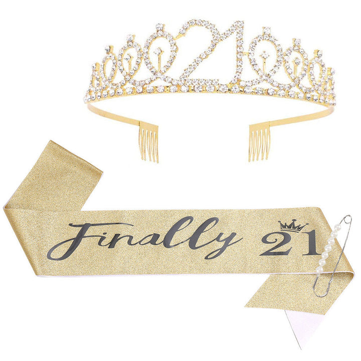 Women Crystal-Embellished Birthday Crown with Personalized Sash Kalsten