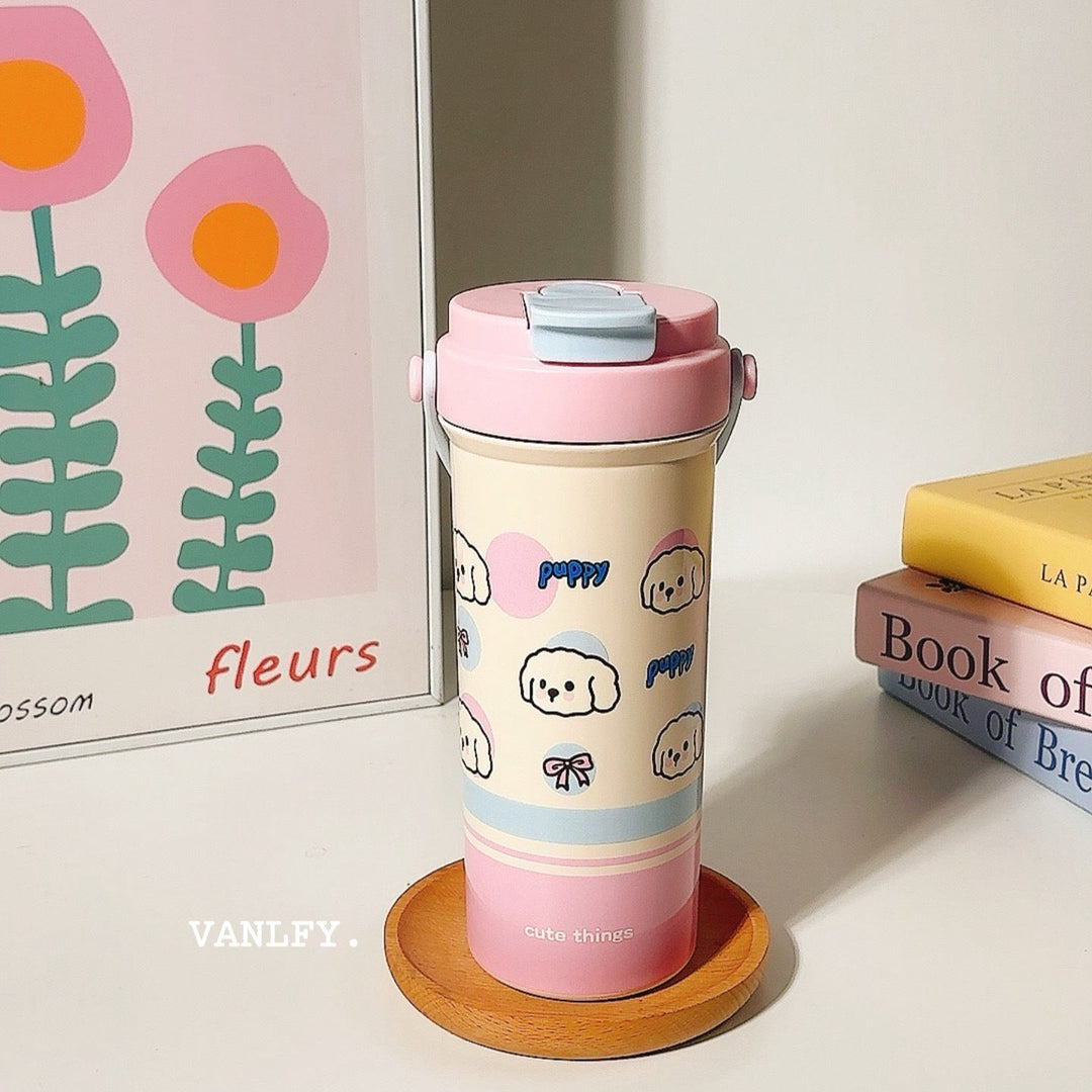 Women's insulated drinking cup with secure flip lid and cute dog design Kalsten